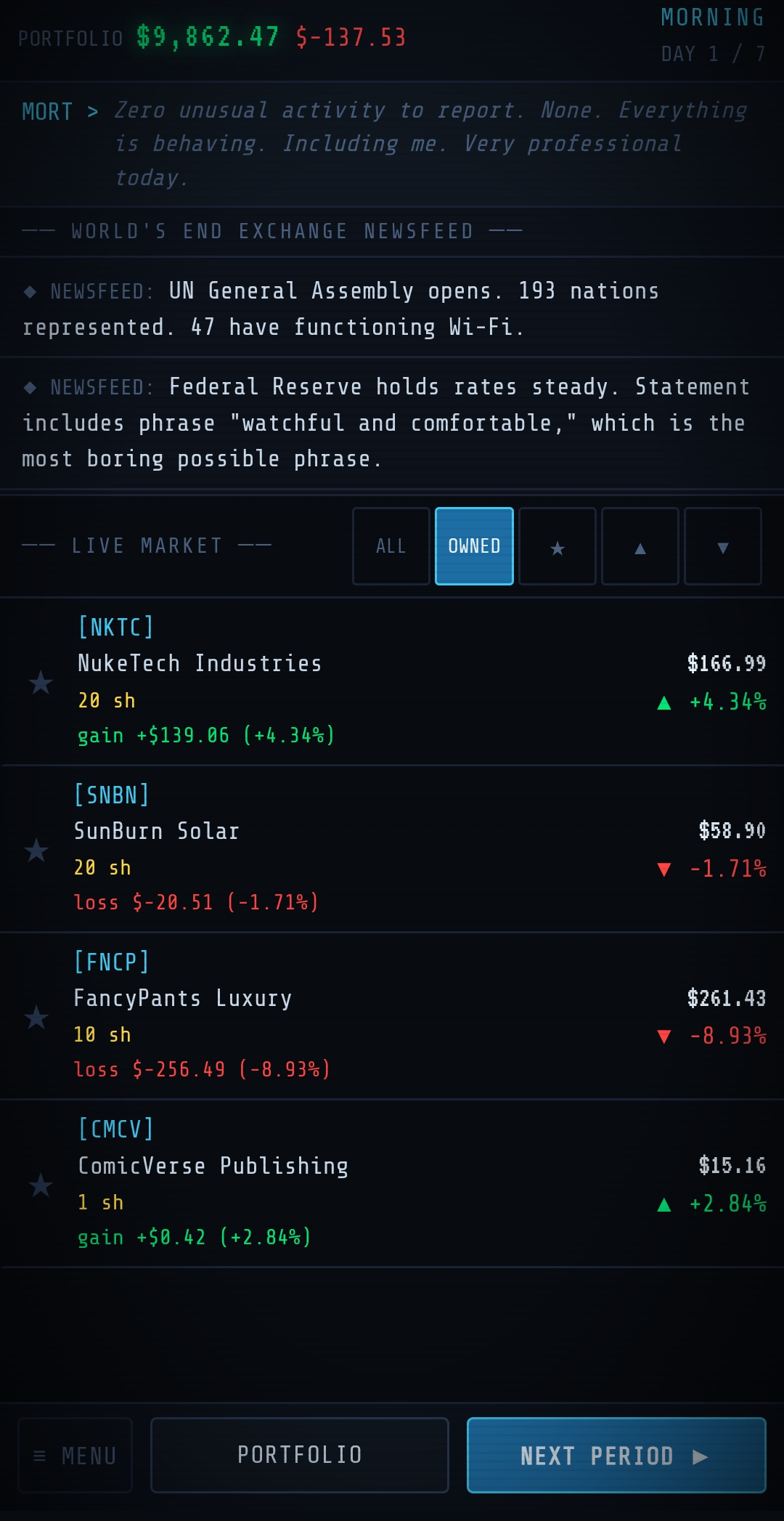 The Last Day Trader — news ticker and market view